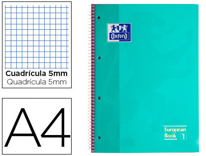 Bloc espiral Oxford Book1 A4 80h micro c/5mm. tapa extradura menta